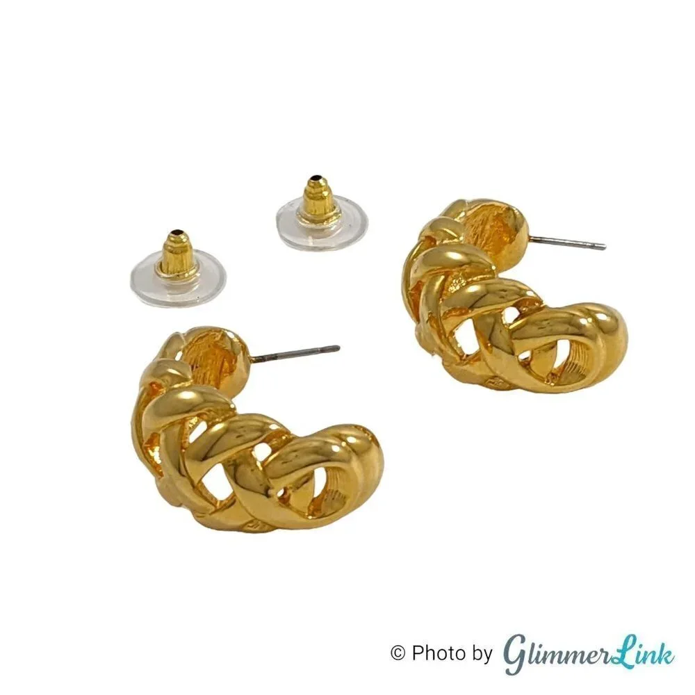 Vintage Weave Braided Half Hoop Gold Tone Pierced Earrings